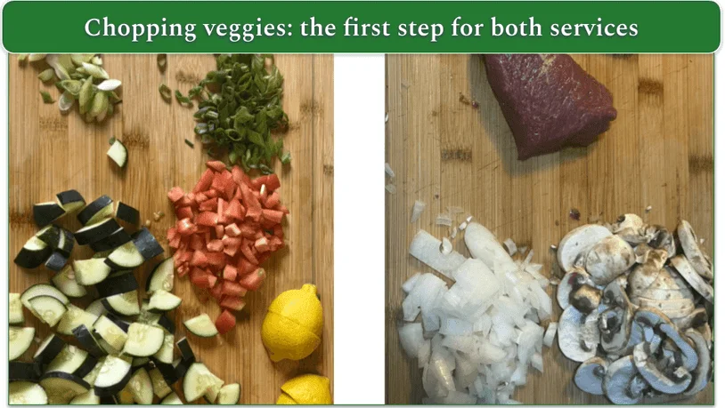 Images of vegetables chopped up on a board