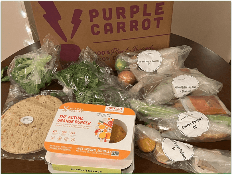 An unboxed Purple Carrot delivery