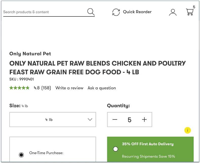 a screenshot of only natural pet's home page with items added to the shopping cart