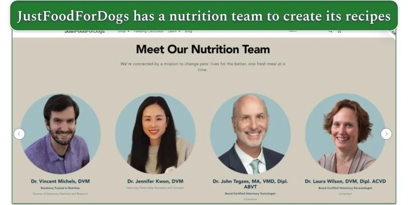 Screenshot of The Nutrition Team headshots on the JustFoodForDogs website