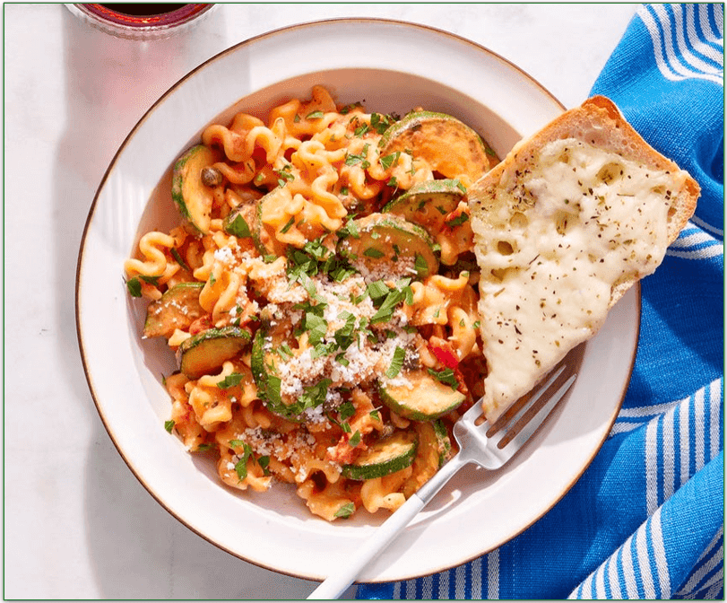 Blue Apron's Mafalda Pasta in Creamy Tomato Sauce with Cheesy Bread