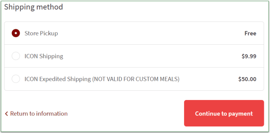 Icon Meals shipping options and related fees