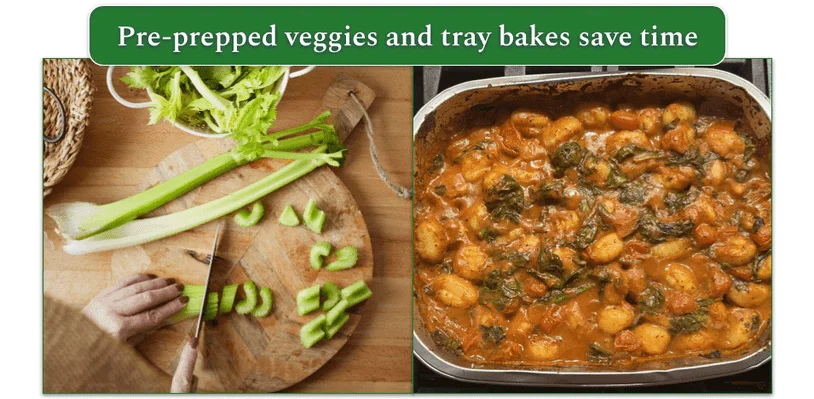 Side-by-side photos of celery being chopped and a finished pasta tray bake