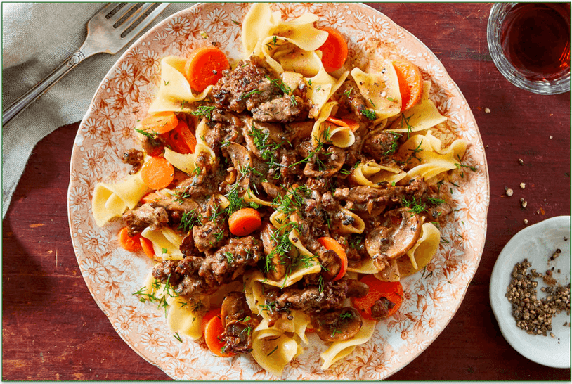 Marley Spoon's Classic Beef Stroganoff with Buttery Egg Noodles & Carrots