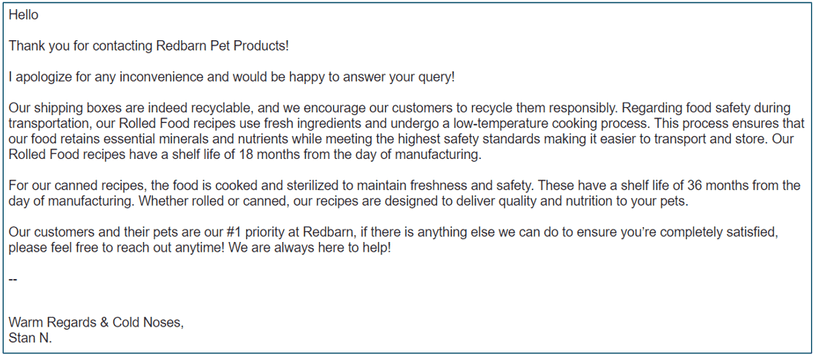 Redbarn customer support representative's answer