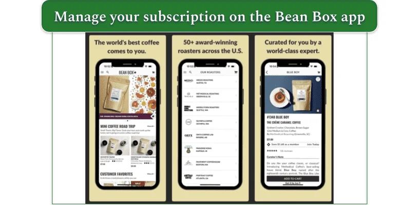 Screenshots of the Bean Box app