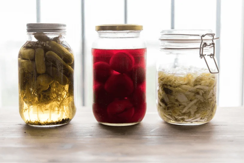 Jars of fermented foods including pickles and cabbage