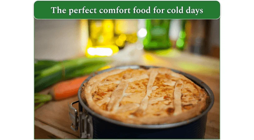 Chicken Potpie in a round baking tray, fresh out of the oven