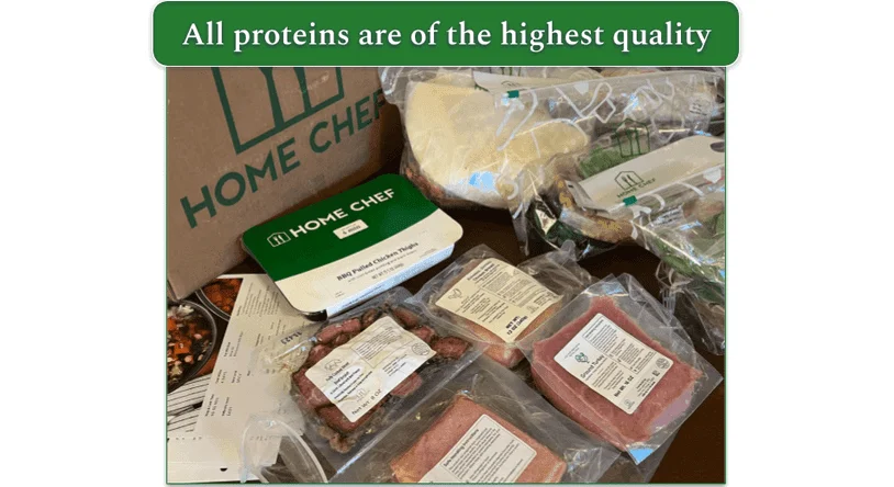 Unboxed Home Chef order showing proteins in their packages pre-cooking