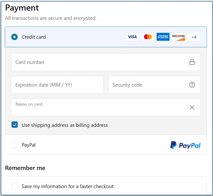 Portland Pet Food Company's credit card options.