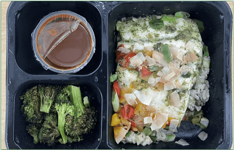 Photo of Factor's Hawaiian Barramundi dish in a microwaveable tray