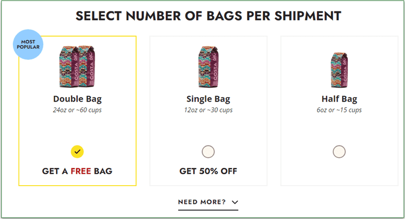 Screenshot of the number of bags per shipment during signup