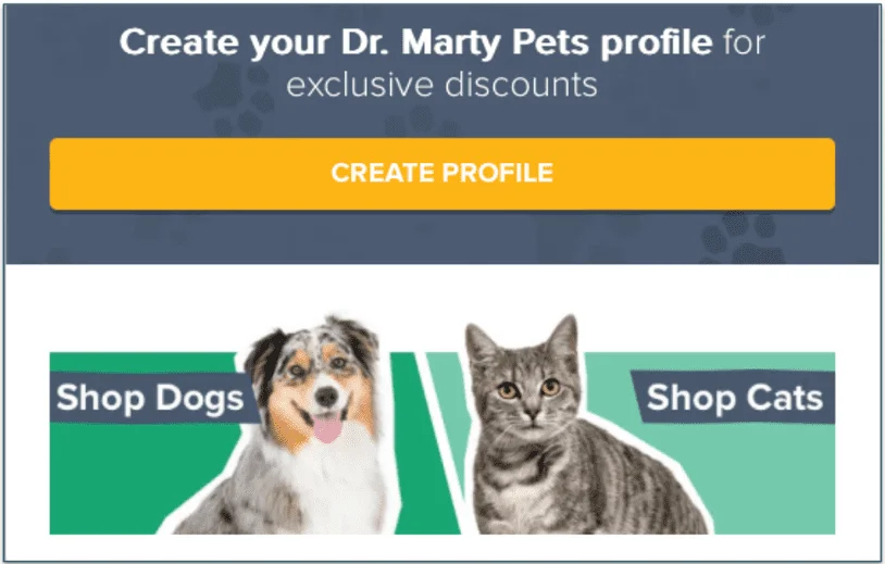 A screenshot of Dr. Marty Pets home page with the create profile button