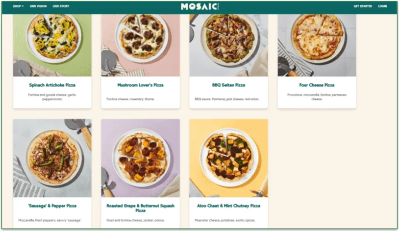 Mosaic Foods' Pizza menu