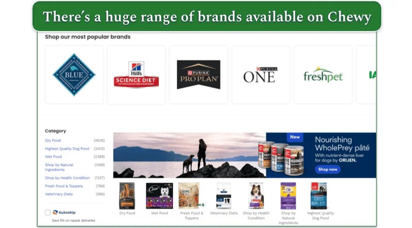 Screenshot with some of the brans Chewy carries