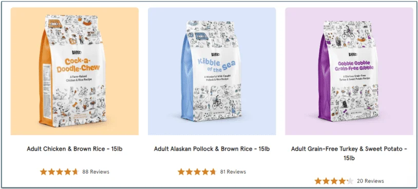 screenshot of Bark Food's 3 kibble options