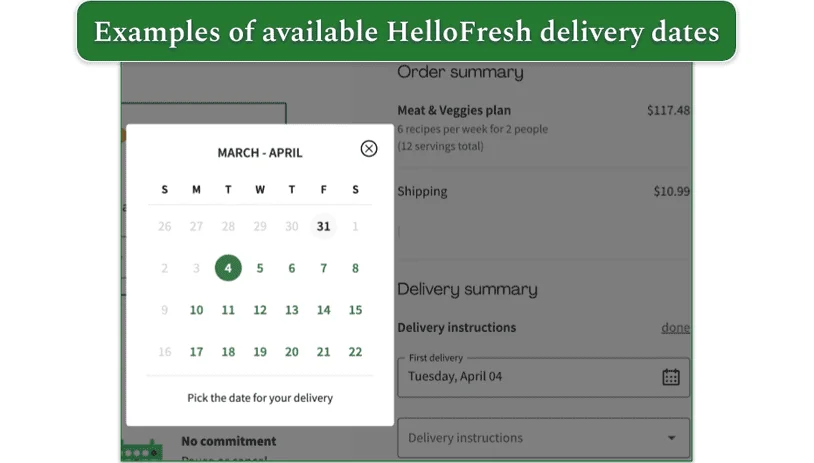 HelloFresh's list of available delivery dates