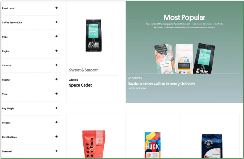 a screenshot of drink trade's coffee menu