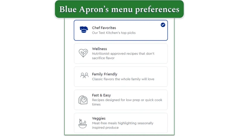 Screenshot of Blue Apron's menu preferences during signup