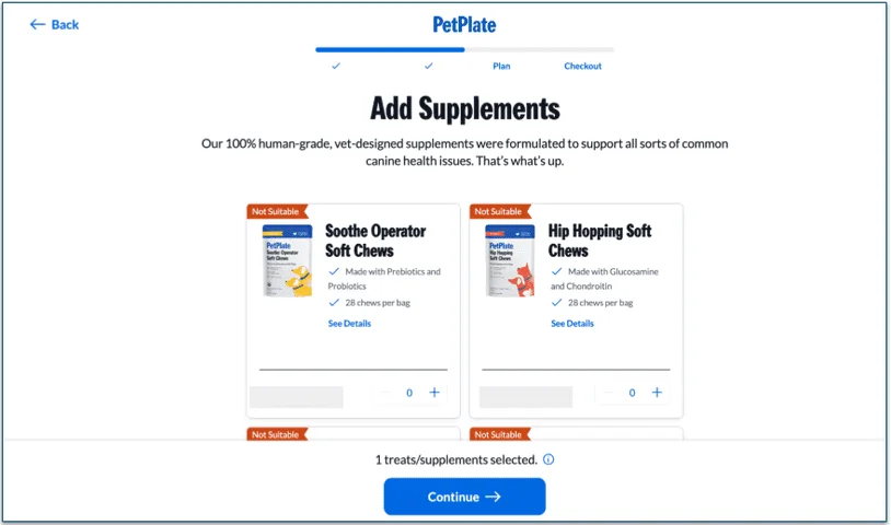 PetPlate's add supplements page