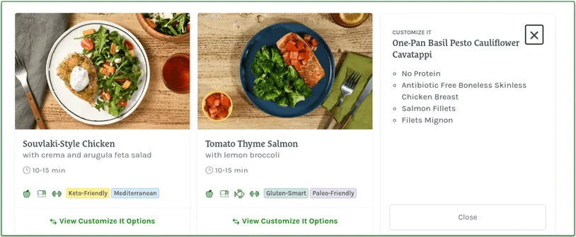Home Chef menu showing 3 meals with dietary tags, ket-friendly, Mediterranean, gluten-smart and paleo-friendly. The image on the right shows a selection of customize options including no protein, chicken breast, and salmon fillets.