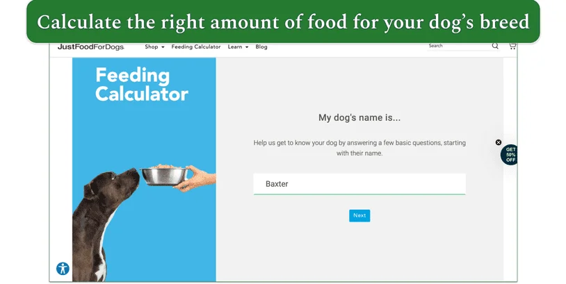 Screenshot of the first page of JustFoodForDog’s feeding calculator