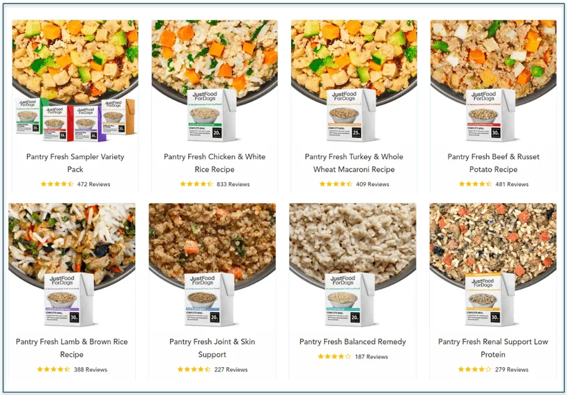 a screenshot of justfoodfordogs' pantry fresh items