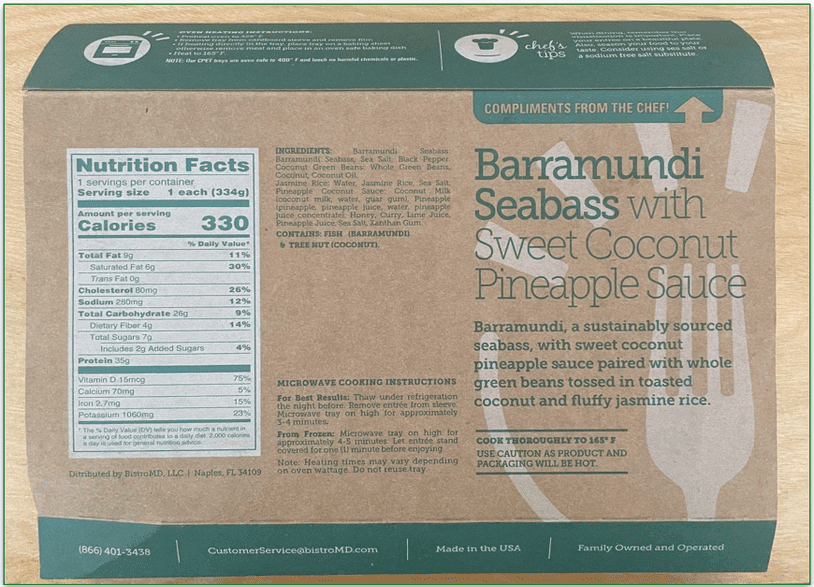 The reverse of a meal package showing nutritional info, ingredients, and allergens