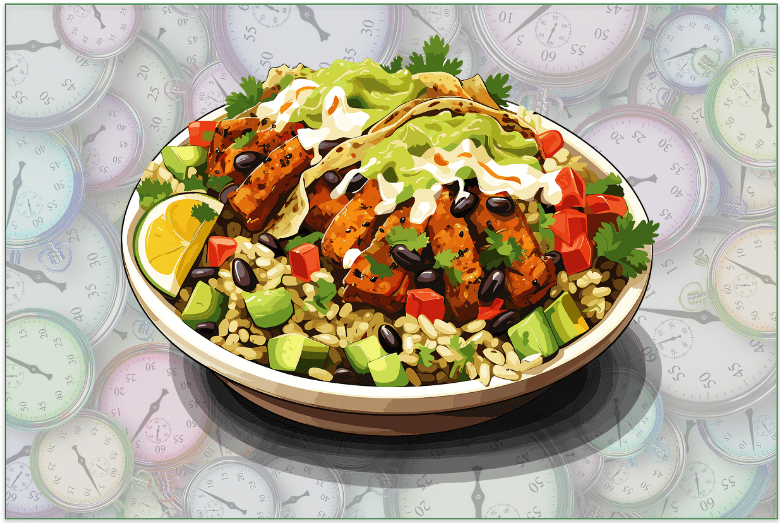 Burrito bowl illustration with stopwatches in the background