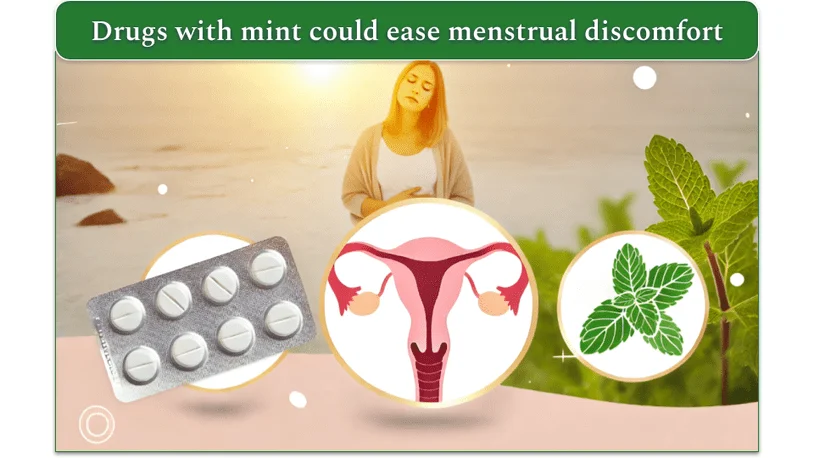 An image showing a woman and medicine, and illustrations of a uterus and mint to show how mint can help menstrual cramps