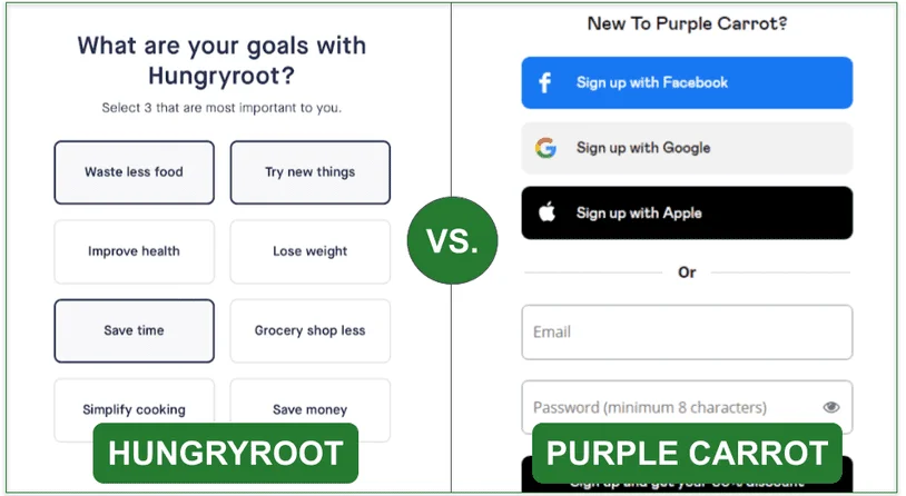 Comparison image of the first signup step for Hungryroot and Purple Carrot