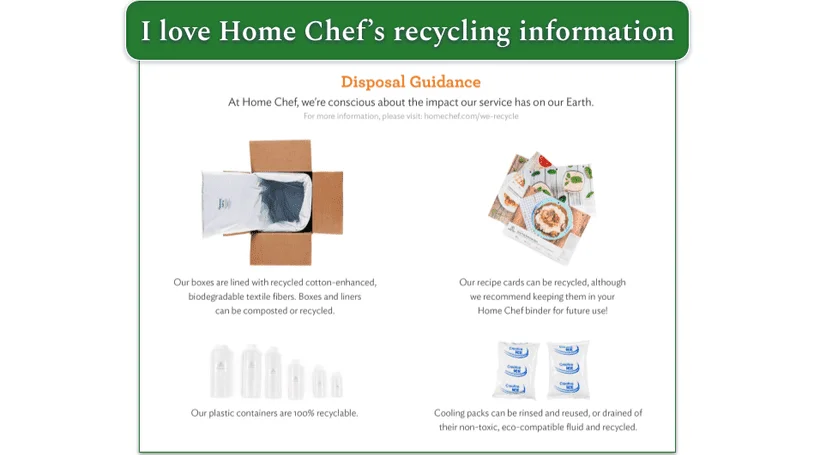 Screenshot of recycling information from Home Chef's website.