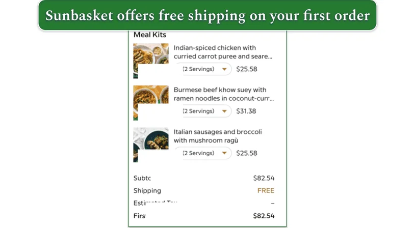 A screenshot of Sunbasket's shopping cart for a six-serving order