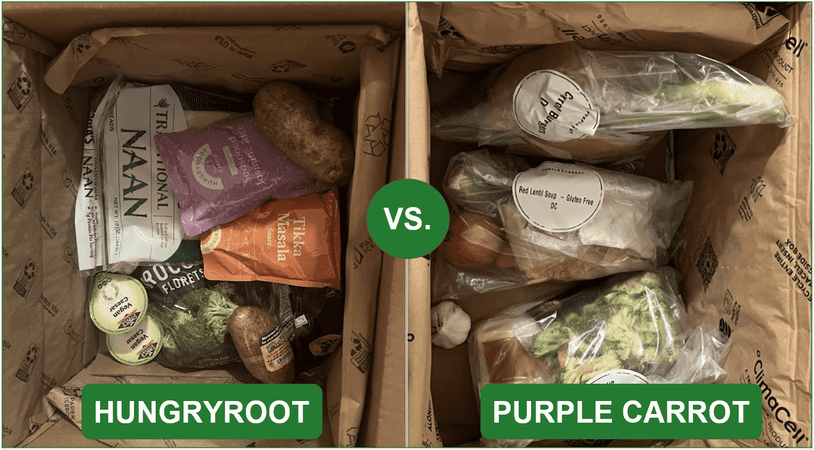 Comparison images of opened Hungryroot and Purple Carrot delivery boxes