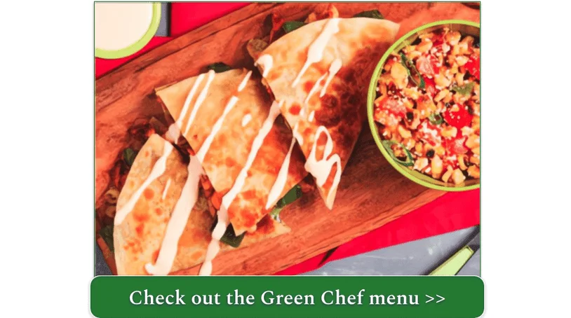 a screenshot of green chef's Chicken & Bell Pepper Quesadillas with charred corn salsa, tomato, and spicy crema
