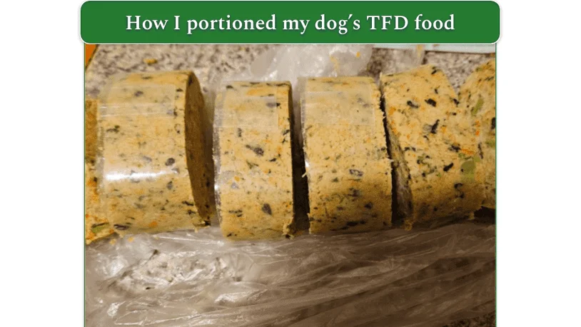 A portioned bag of TFD fresh food