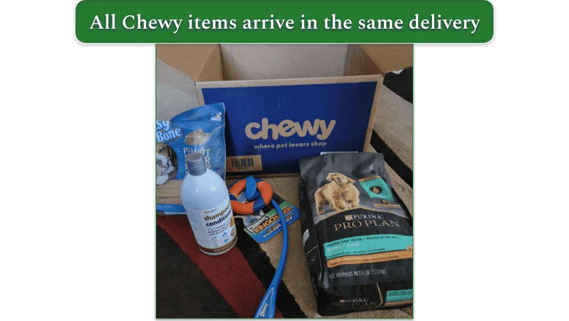 Unboxed Chewy delivery with items placed in front of the box