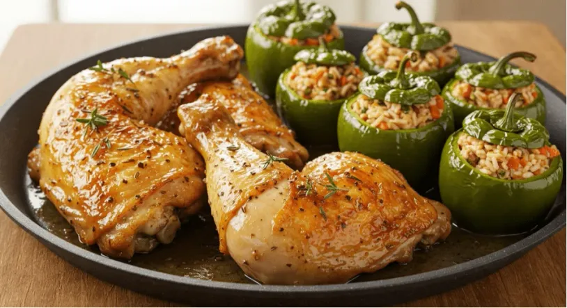 Chicken legs beside stuffed peppers on a plate.