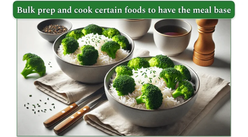 Two identical bowls full of rice and broccoli each.