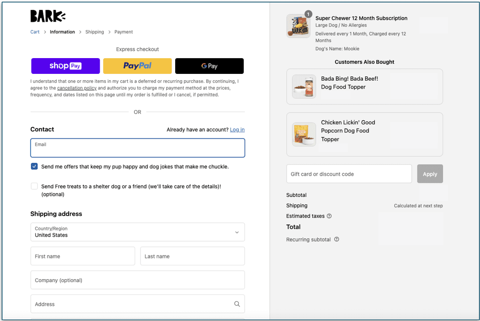 A screenshot of the Bark Super Chewer payment screen