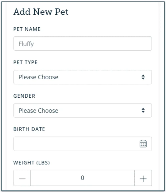 Screenshot of the Add New Pet screen in your account on PetCareRx