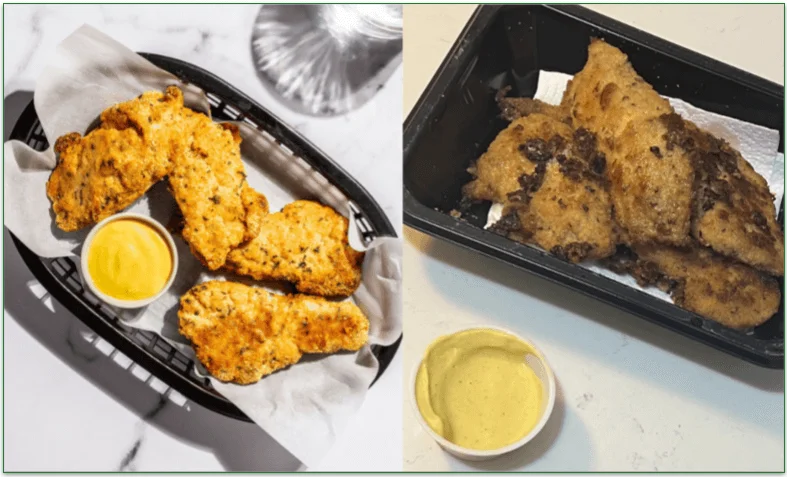 Image of Eat Clean's Almond Crusted Chicken Tenders with Homestyle Honey Mustard next to a photo of the fried tenders in a tray next to the sauce on a pot