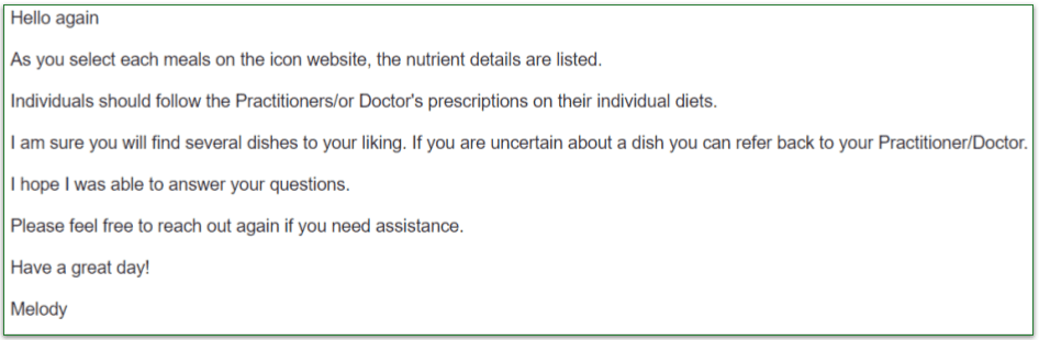 Another answer by Icon Meals customer service agent