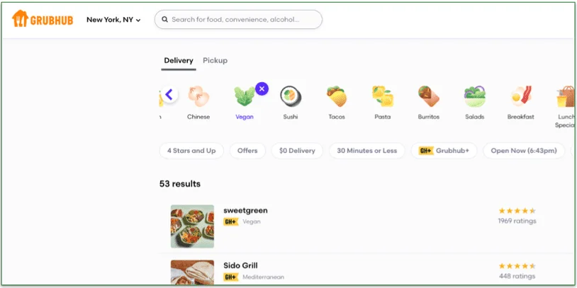 screenshot of Grubhub vegan restaurant results in NYC