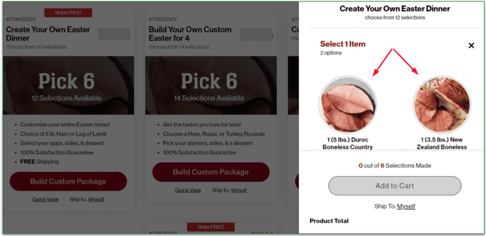 Omaha Steaks meal personalization interface