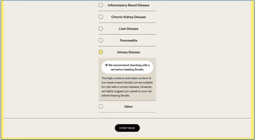 Screenshot of the health question with Urinary Disease selected and a popup suggesting you contact your vet before feeding Smalls
