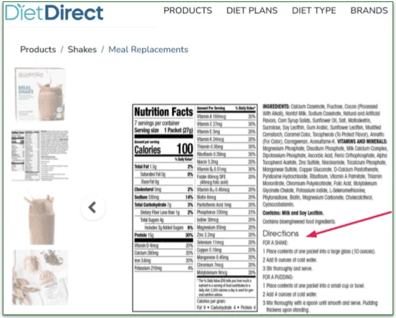 Diet Direct product's label specifying nutritional info and meal prep
