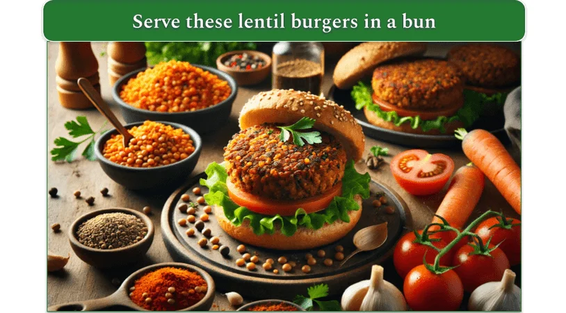 Lentil burgers served in a bun