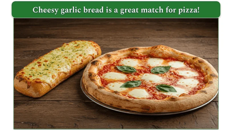 A large piece of cheesy garlic bread beside a pizza.