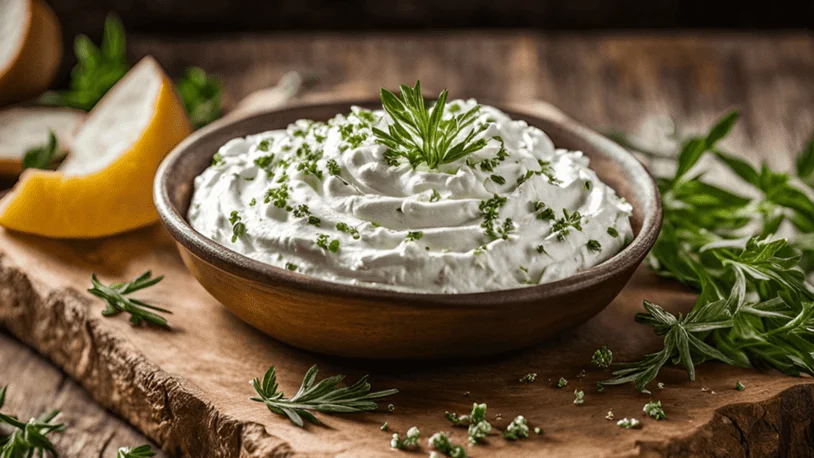 a wooden bowl filled with cream cheese and fresh rosemary with a slice of lemon